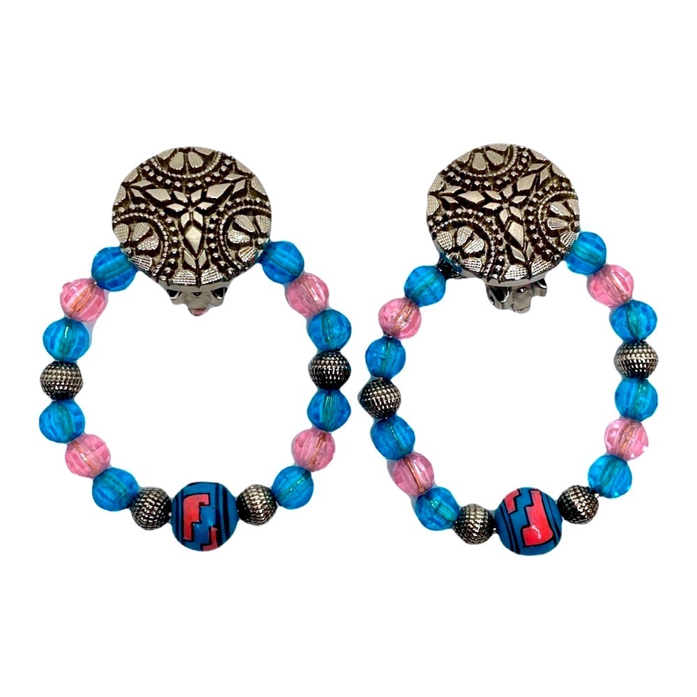 Boho Beaded Hoop Clip On‎ Earrings Silver Tone Pink Blue Statement